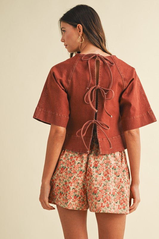 Stretch Denim Tie Back Detail Blouse`