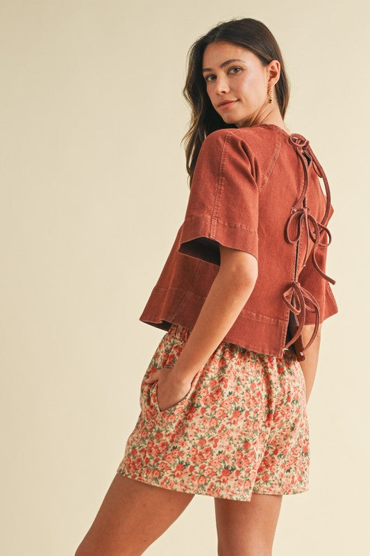 Stretch Denim Tie Back Detail Blouse`