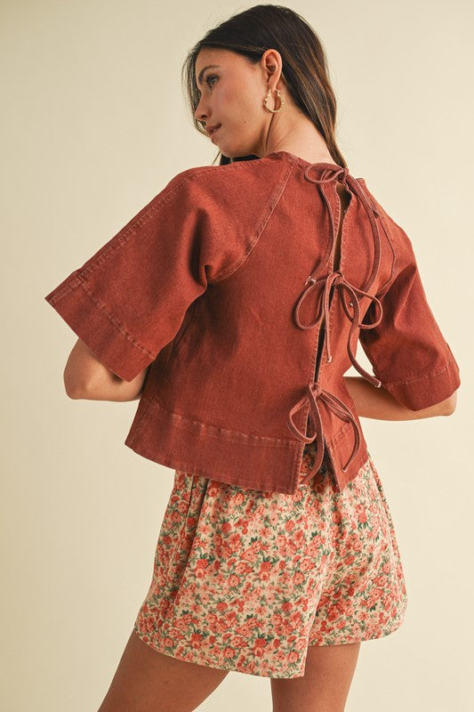 Stretch Denim Tie Back Detail Blouse`