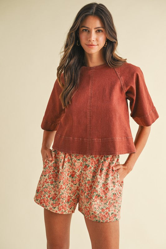 Stretch Denim Tie Back Detail Blouse`