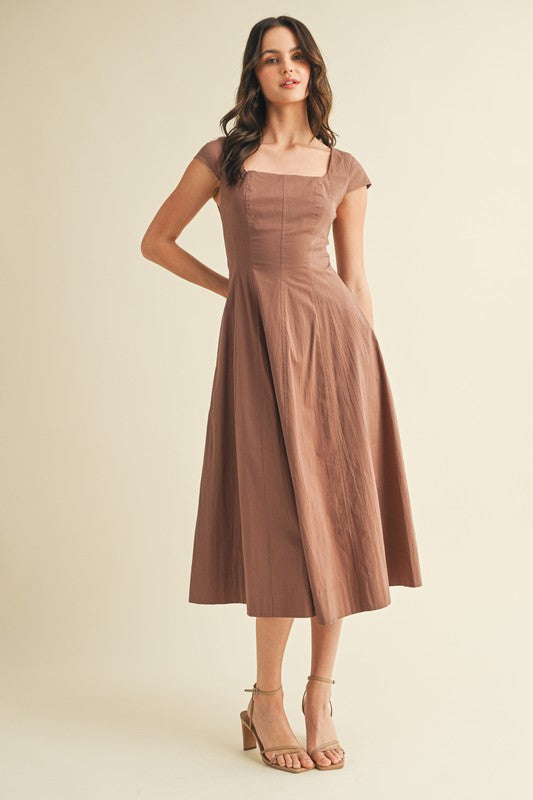 Square Neck Cap Sleeve A Line Dress