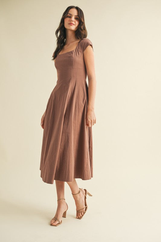 Square Neck Cap Sleeve A Line Dress