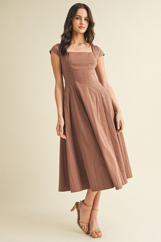 Square Neck Cap Sleeve A Line Dress