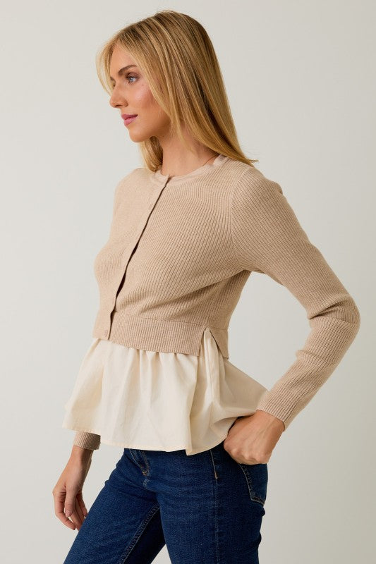 Long Sleeve Button Down Knit & Woven Mix Peplum Top