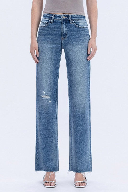 Flying Monkey - High Rise Frayed Hem Slim Wide Jeans