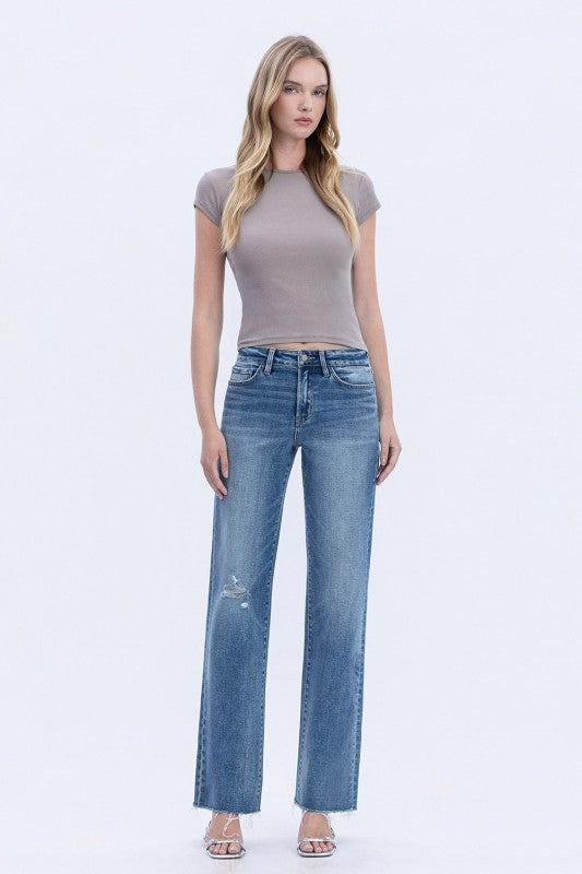 Flying Monkey - High Rise Frayed Hem Slim Wide Jeans