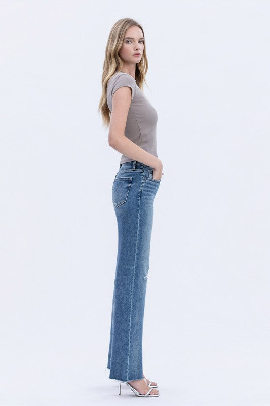 Flying Monkey - High Rise Frayed Hem Slim Wide Jeans