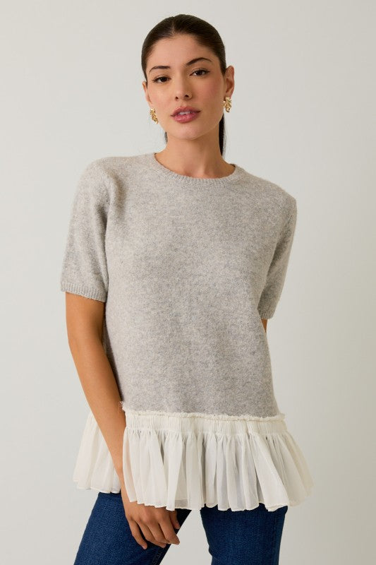Crew Neck Frill Detail Sweater Woven Mix Top