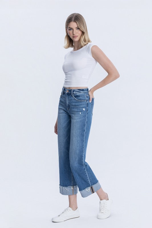 Flying Monkey - High Rise Cuffed Raw Hem Slim Wide Jeans