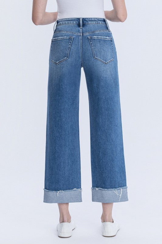 Flying Monkey - High Rise Cuffed Raw Hem Slim Wide Jeans