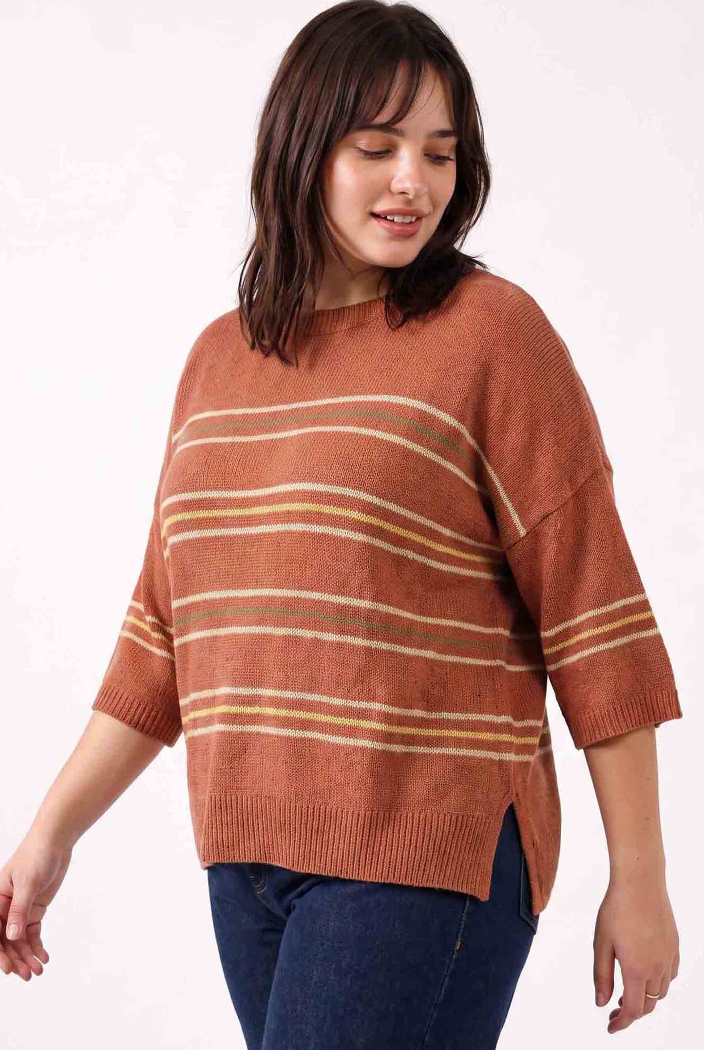 Be Cool - [PLUS] OVER SIZED DROP SHOULDER STRIPED SWEATER : SAGE / 2X