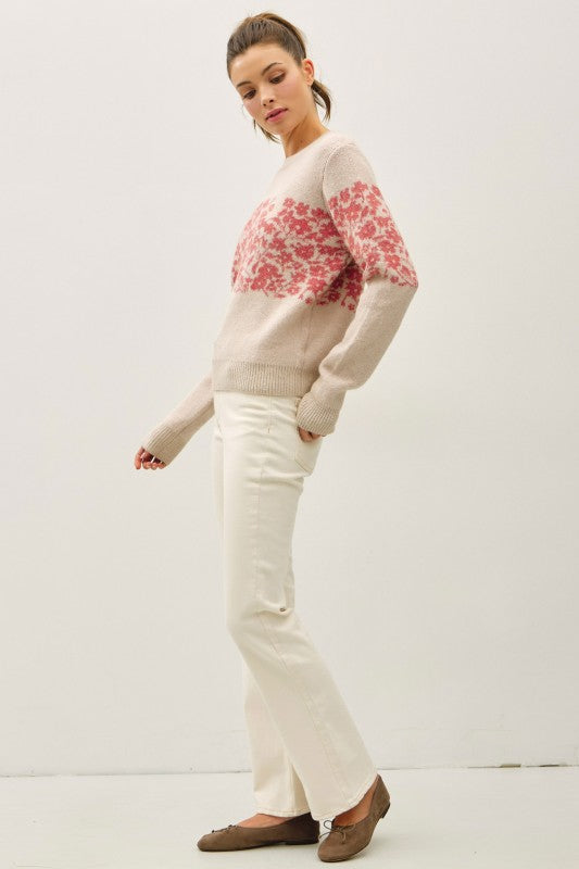 Floral Accent Mid-striped Ultra Soft Sweater