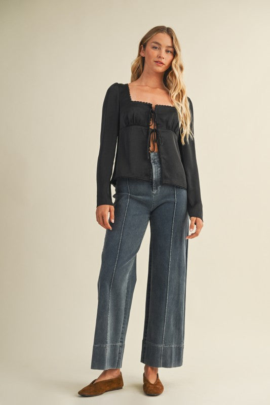 Square Neck Front Tie Long Sleeve Top