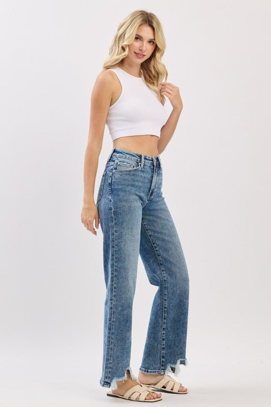 Petra153 - High Rise Slim Wide Leg W/ Destroyed Hem