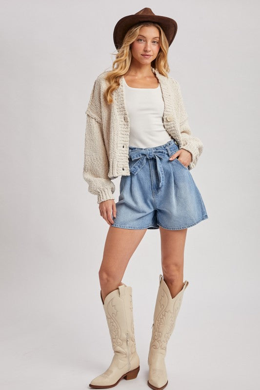 Cropped Popcorn Knit Swearer Cardigan