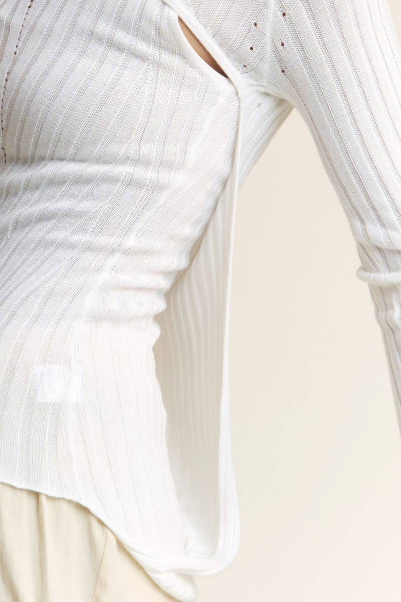 Ribbed Cut-Out Layered Knit Top: Cream