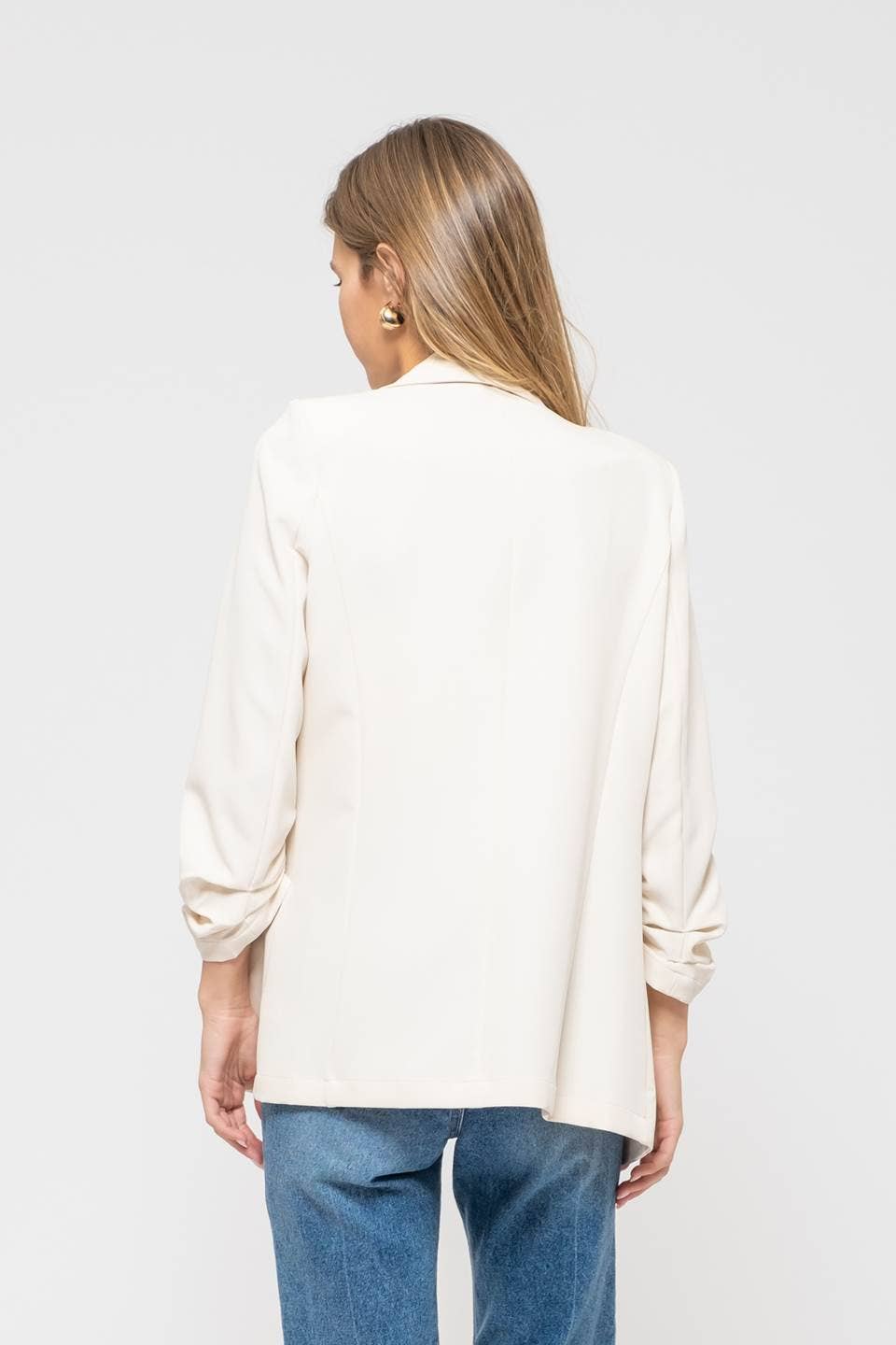 Notched Collar Ruched Sleeve Blazer - Cream