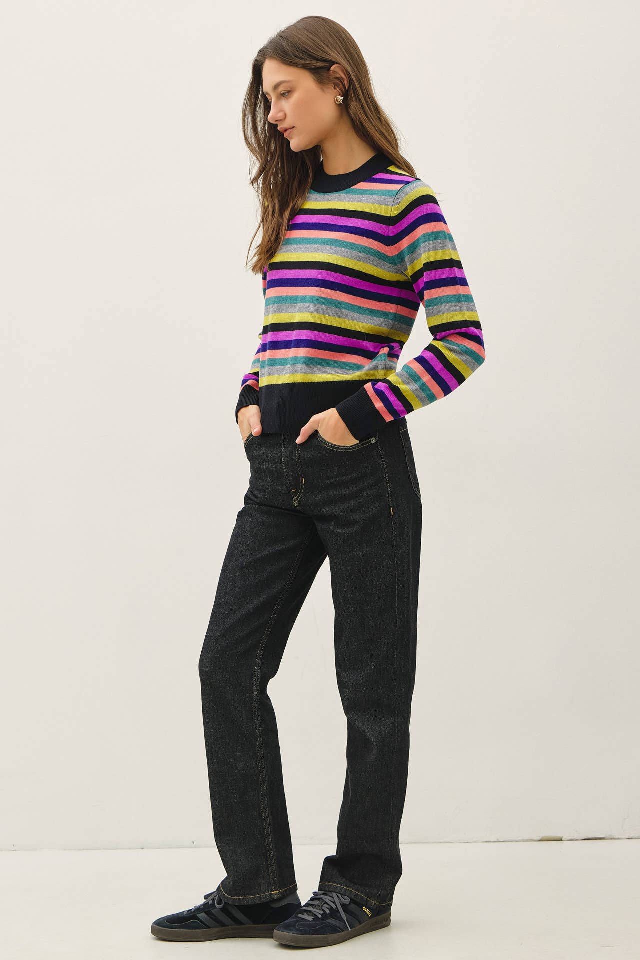 Be Cool - WOOL BLENDED MULTI COLOR STRIPE SWEATER : Black / L