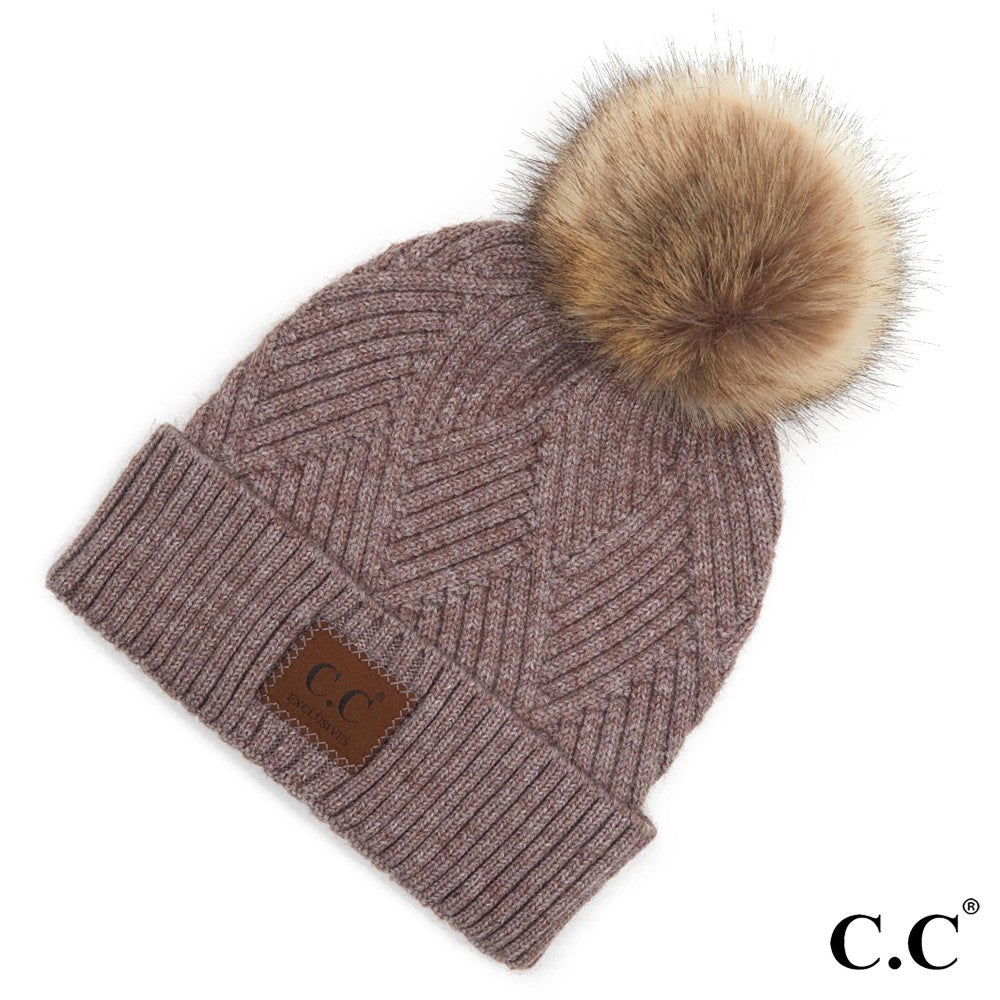 Diagonal Stripe Knit Pattern Pom Beanie