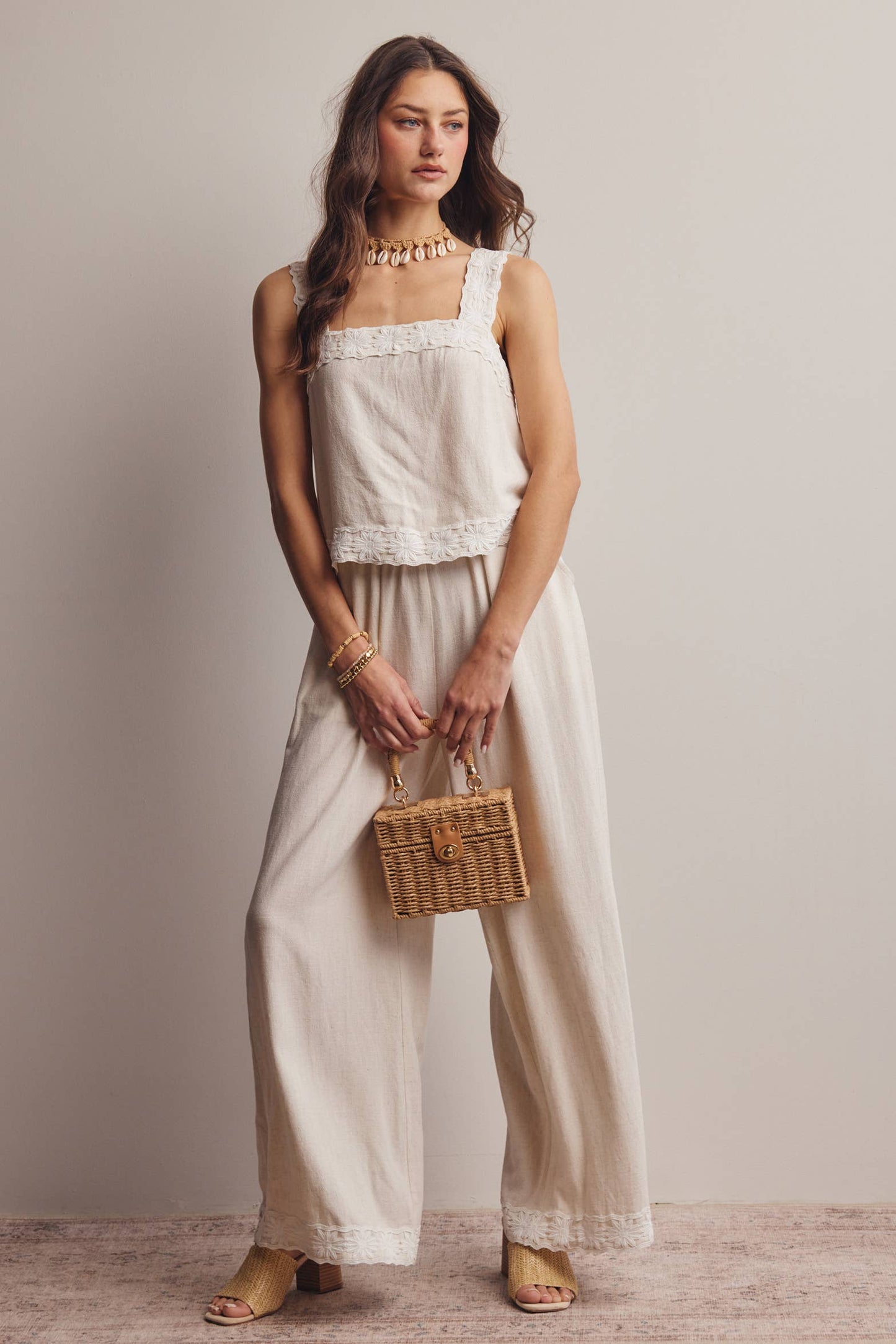 Embroidered Square-Neck Tank & Wide-Leg Pants Set