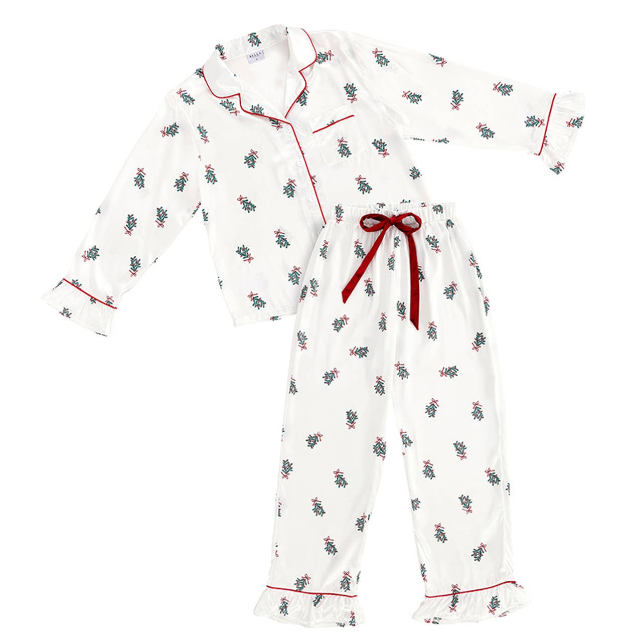 Ruffle PJ Set With Velvet Tie - Mistletoe