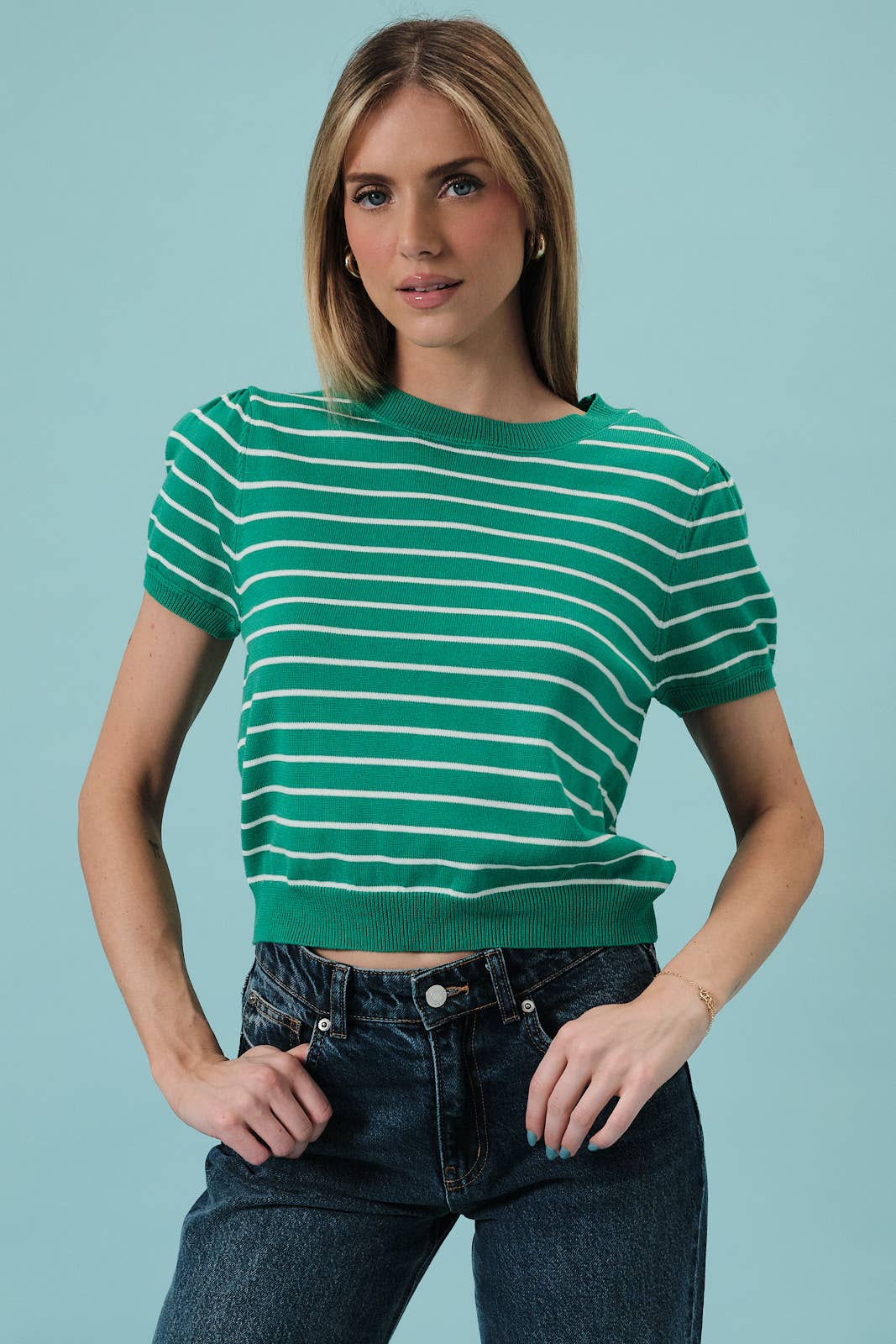 Sunday Edition by LE LIS - HALF SLEEVE CREW NECK PUFF STRIPED SWEATER TOP: LT BLUE-WHITE STRIPE / M