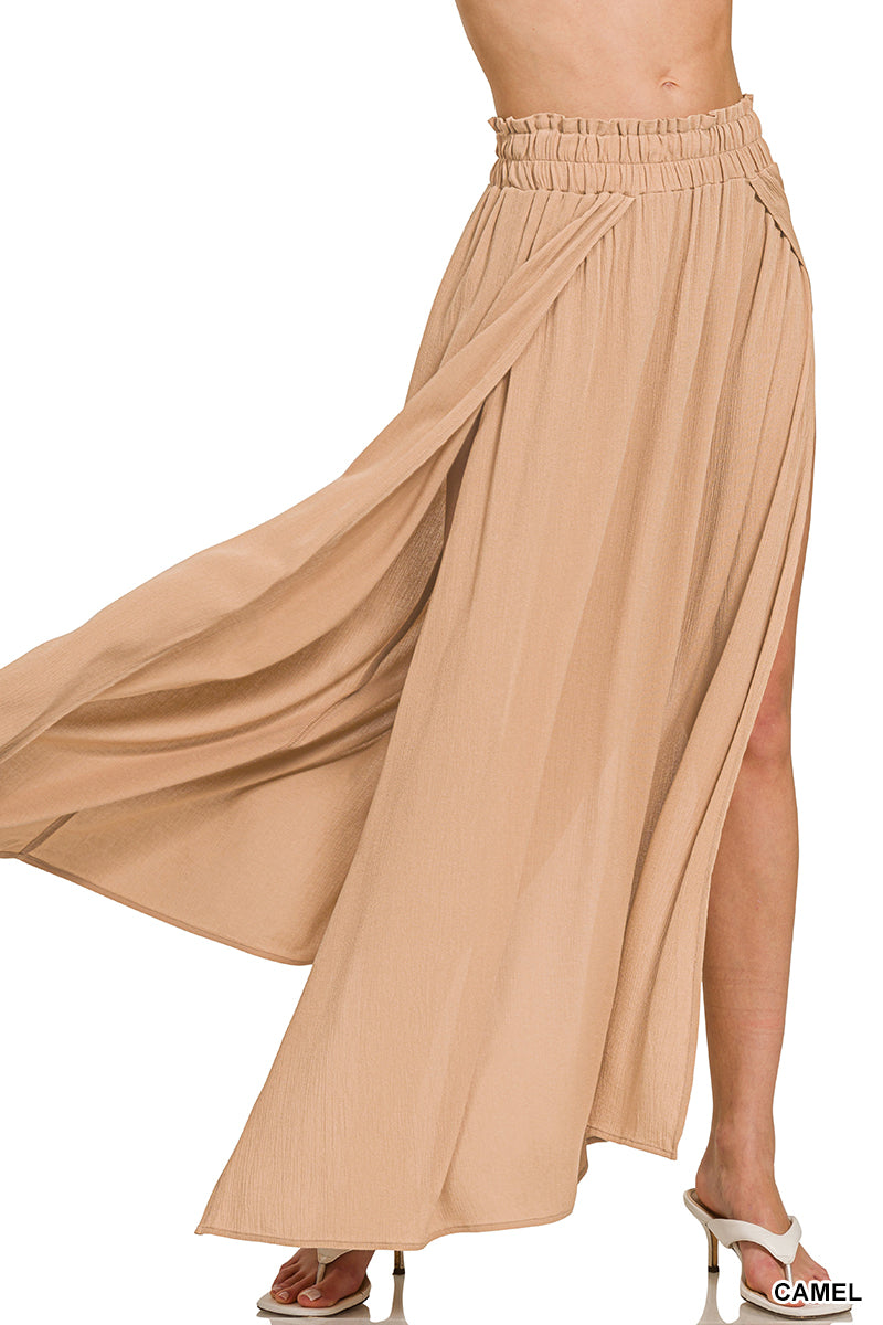 Woven Crinkle Gauze Long Skirt: Camel