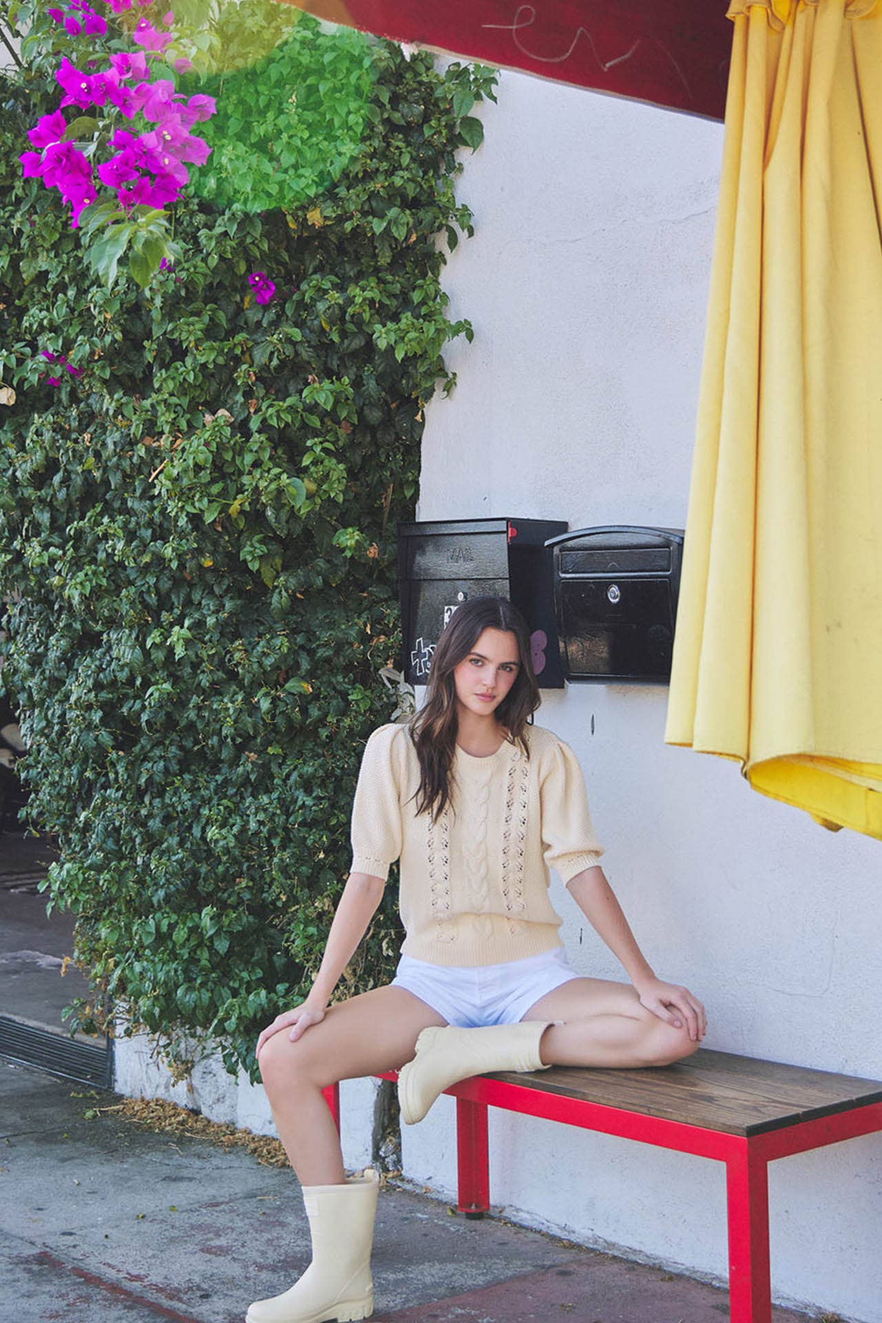 Be Cool - CHUNKY PUFF SHORT SLEEVE CABLE KNIT SWEATER: SEAFOAM / L