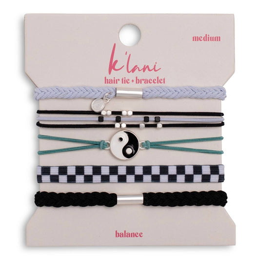 K'lani hair tie bracelets - "Balance" Yin Yang Charm Black & White Hair Tie Bracelets: Medium
