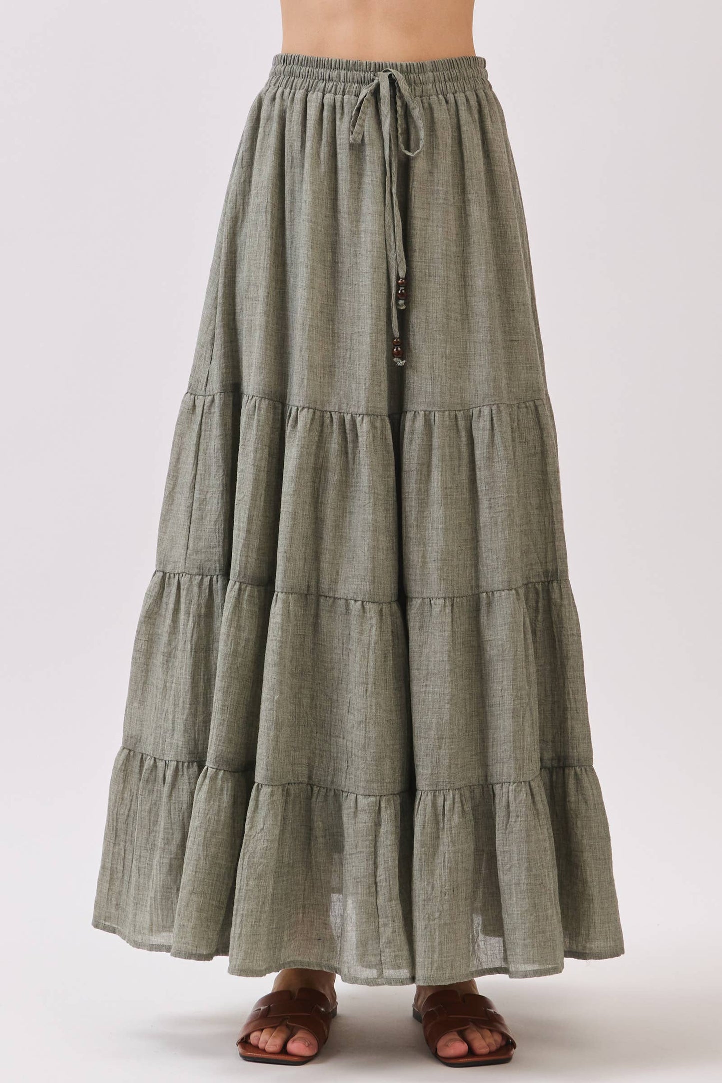 Final Touch - Tiered Coconut Tie Detail Maxi Skirt - VS3009: OLIVE / S