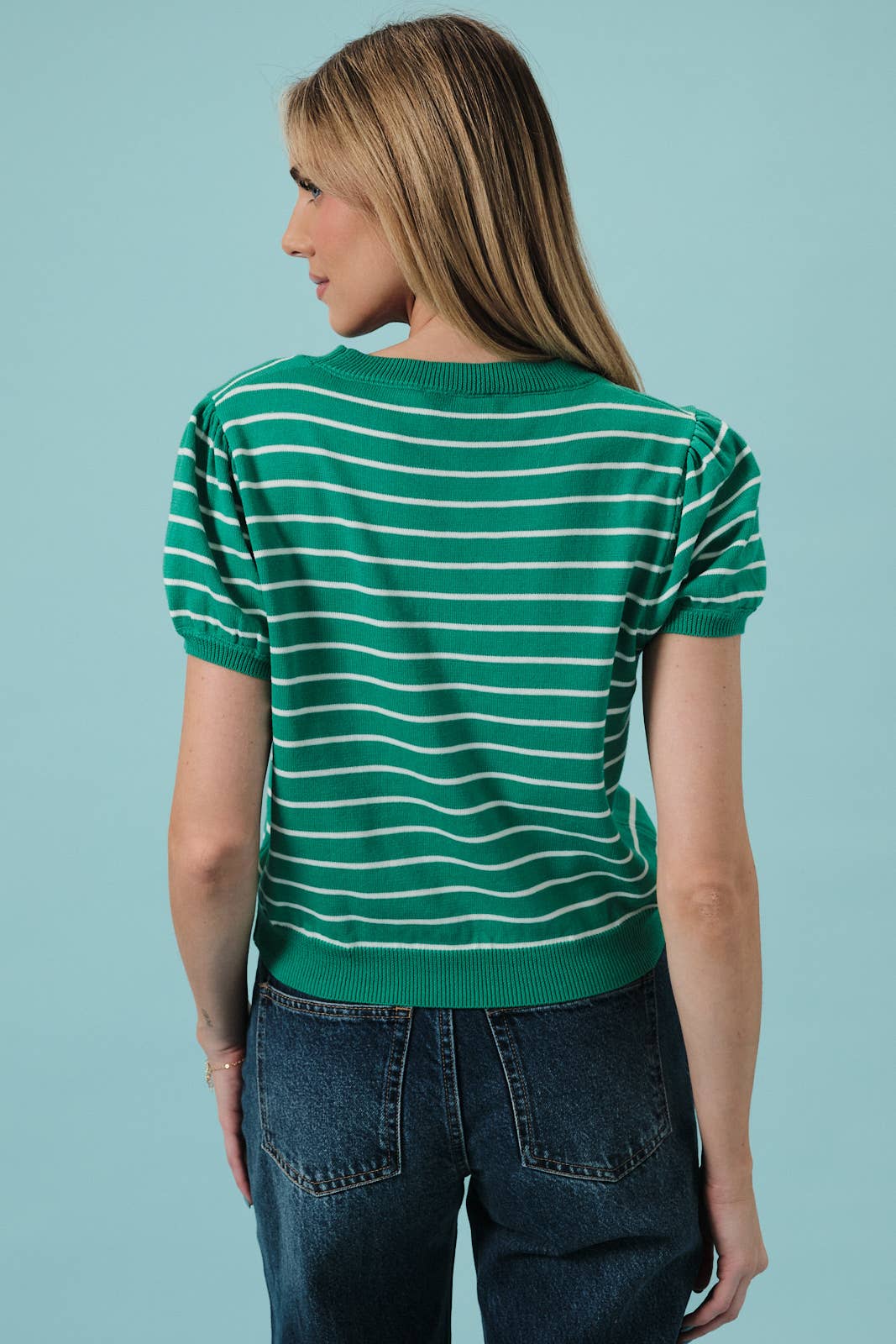 Sunday Edition by LE LIS - HALF SLEEVE CREW NECK PUFF STRIPED SWEATER TOP: LT BLUE-WHITE STRIPE / M
