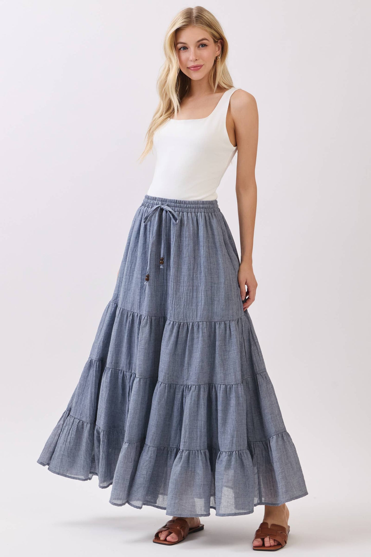 Final Touch - Tiered Coconut Tie Detail Maxi Skirt - VS3009: OLIVE / S