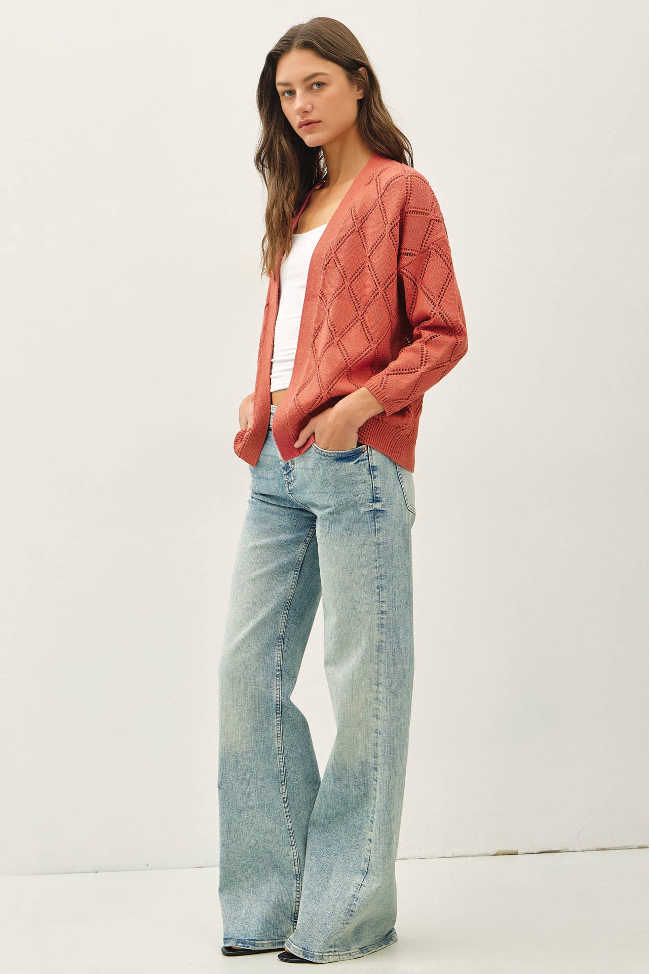 Be Cool - POINTELLE KNIT OPEN FRONT CARDIGAN: MARSALA / S