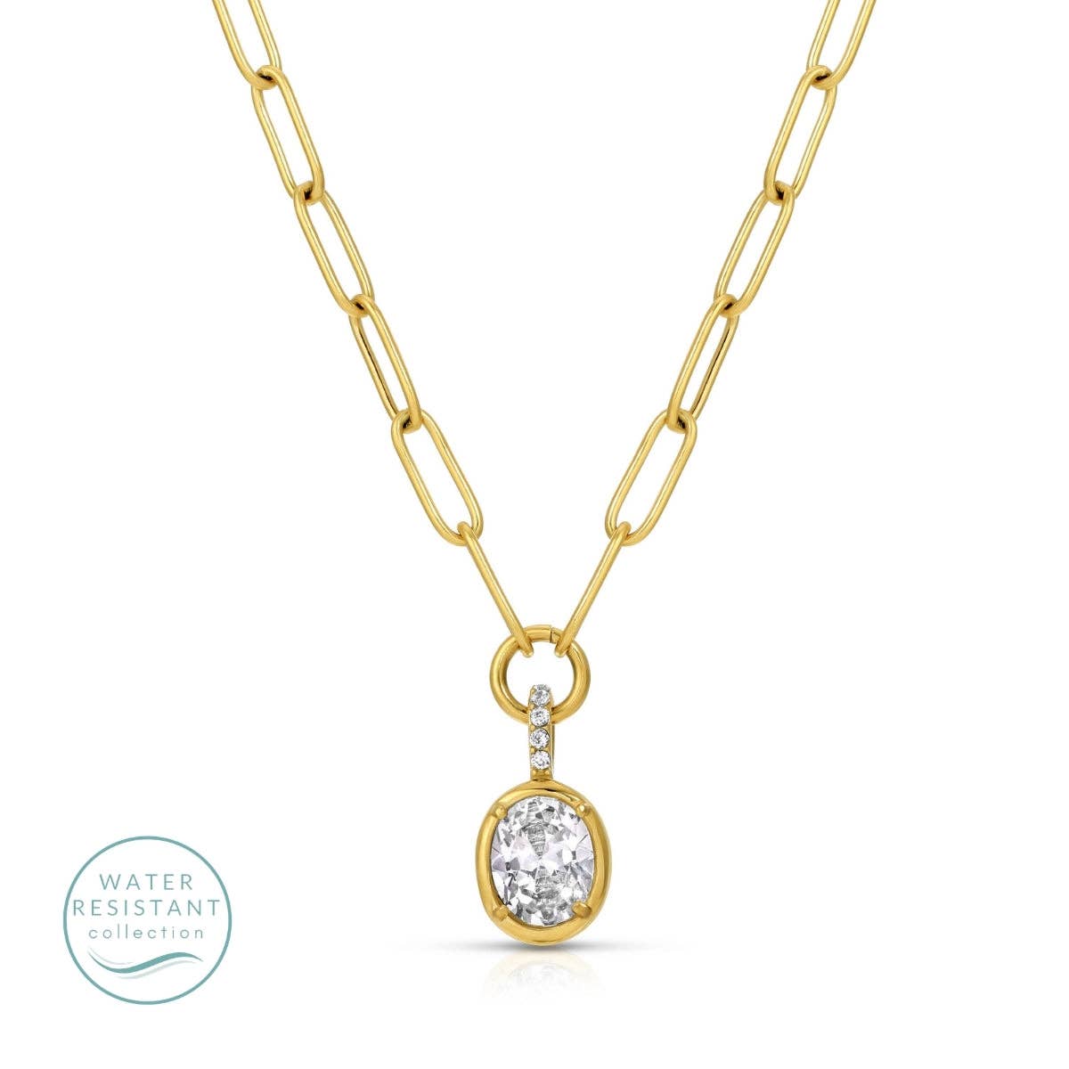 Splendid Iris - Large Cubic Zirconia Paperclip Necklace, Water-Resistant: Gold