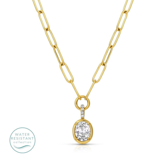Splendid Iris - Large Cubic Zirconia Paperclip Necklace, Water-Resistant: Gold