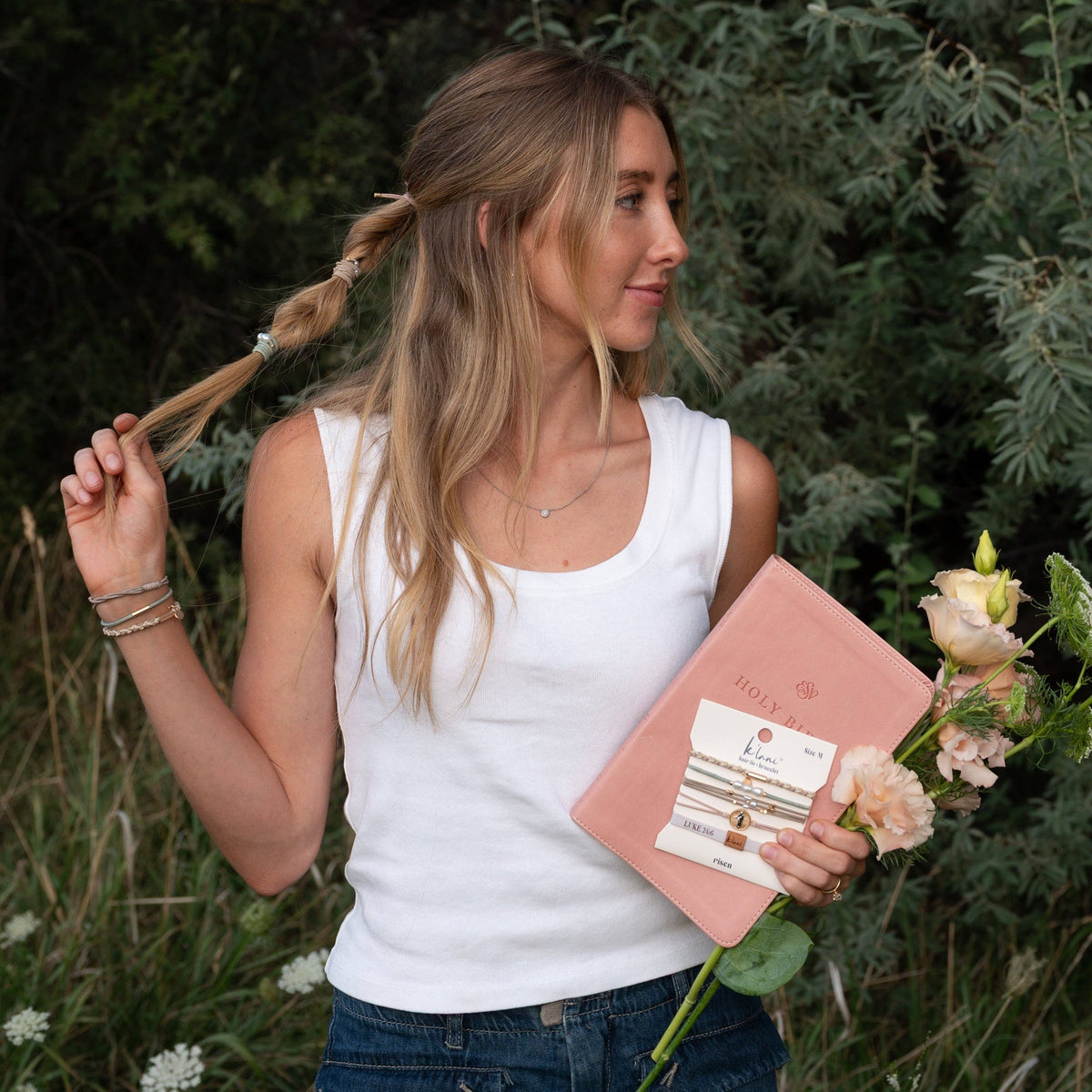 K'lani hair tie bracelets - "Risen" Warm Neutrals with Gold Christus Hair Tie Bracelets: Small