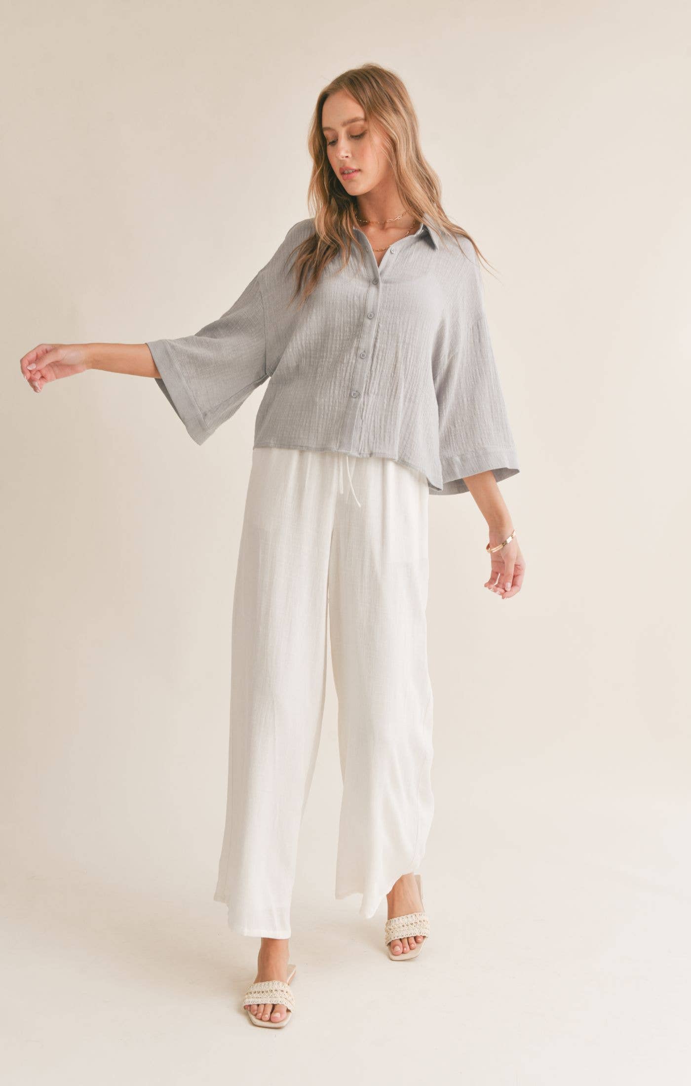 Bird Song Cuffed Boxy Oversized Shirt in Cloud Blue