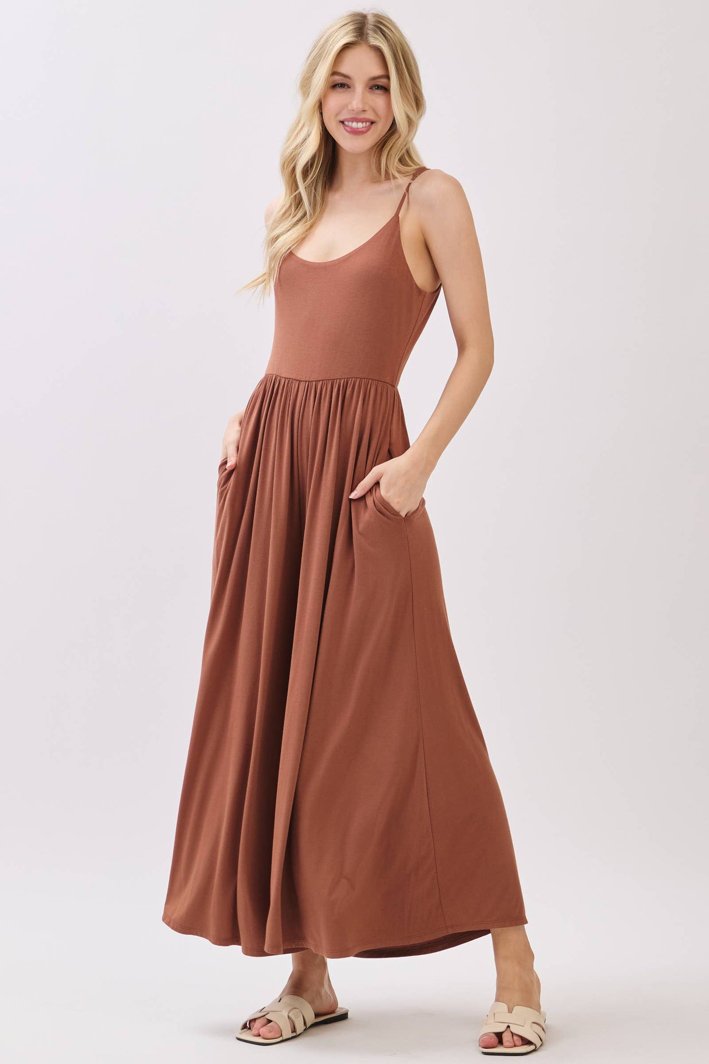 Final Touch - Flare Wide Leg Jumpsuit W/ Adjustable Strap - VJU60179: Nutshell / L