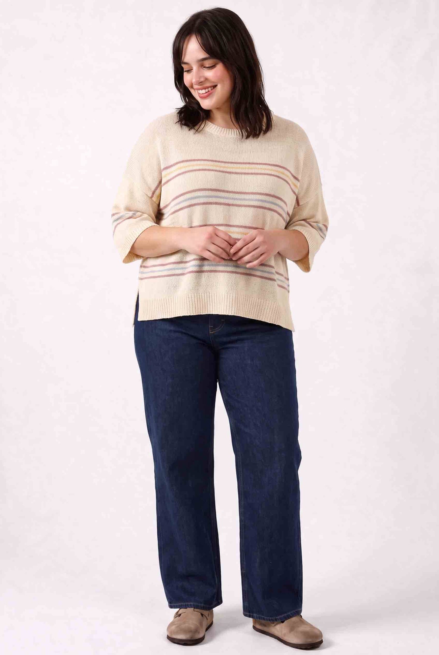 Be Cool - [PLUS] OVER SIZED DROP SHOULDER STRIPED SWEATER : SAGE / 1X