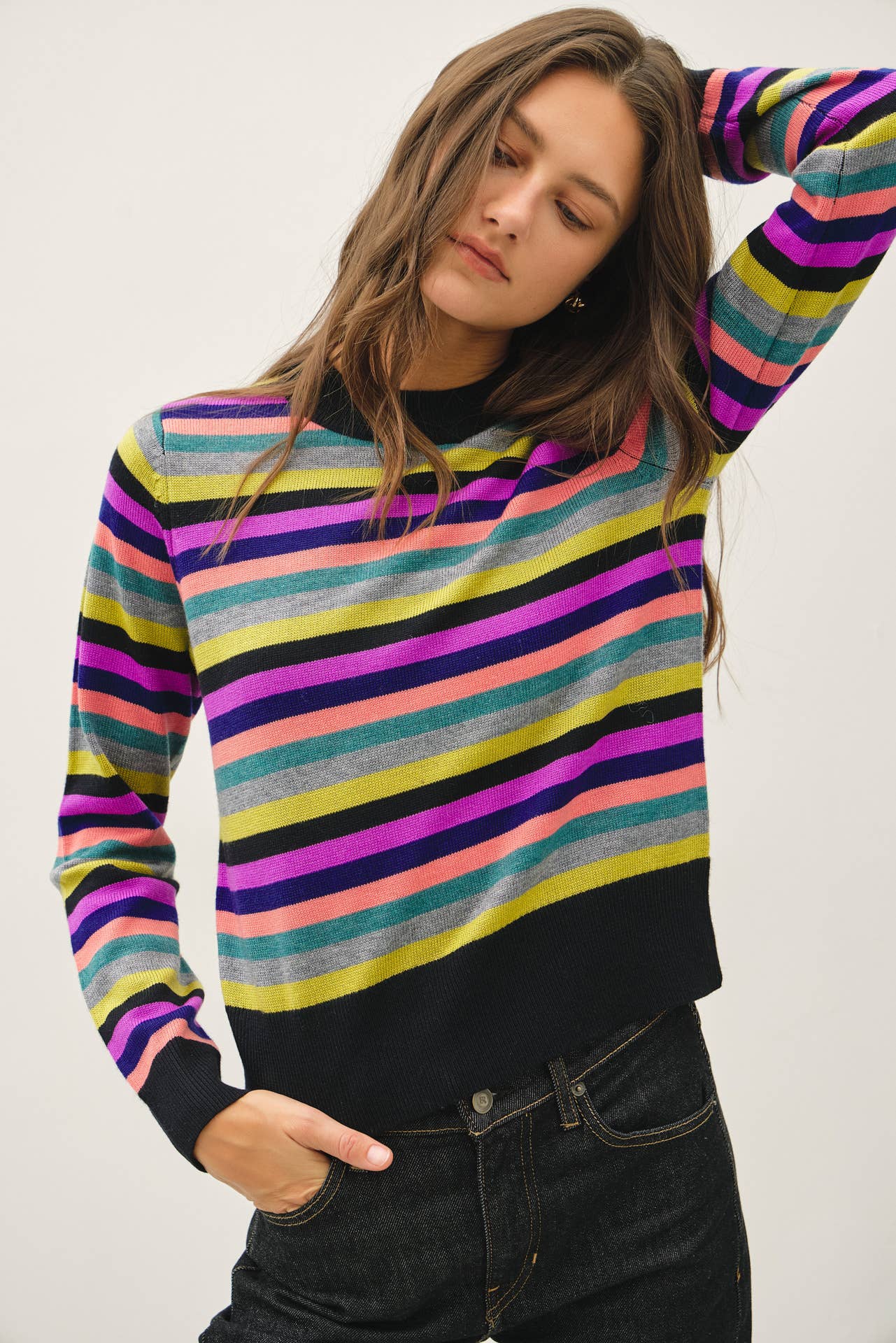 Be Cool - WOOL BLENDED MULTI COLOR STRIPE SWEATER : Black / M