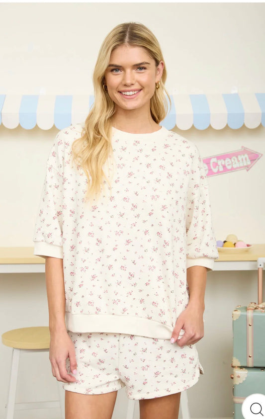 Floral Short Sleeve Crew Neck Knit Top