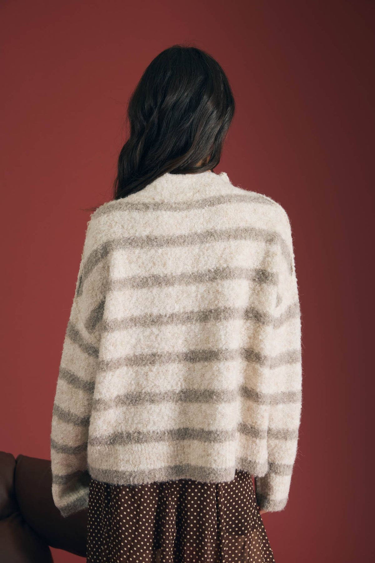 STRIPE MOCK NECK BUTTON DOWN FUZZY KNIT CARDIGAN