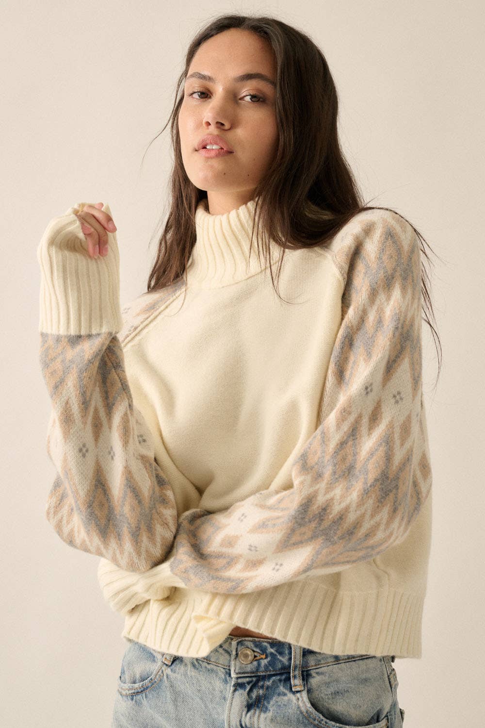 Knit Geo-Print Raglan-Sleeve Turtleneck Sweater