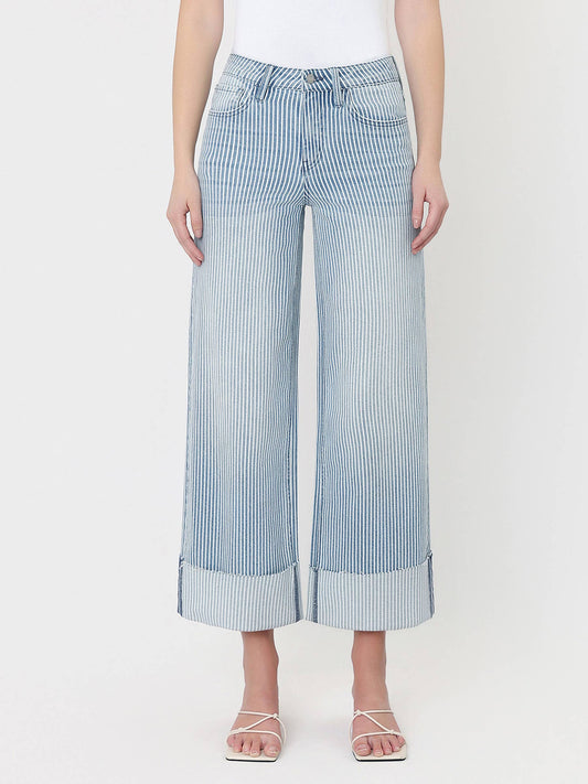 VERVET by FLYING MONKEY - HIGH RISE CUFFED STRIPED CROP WIDE JEANS V3859STN: STRIPE / 26