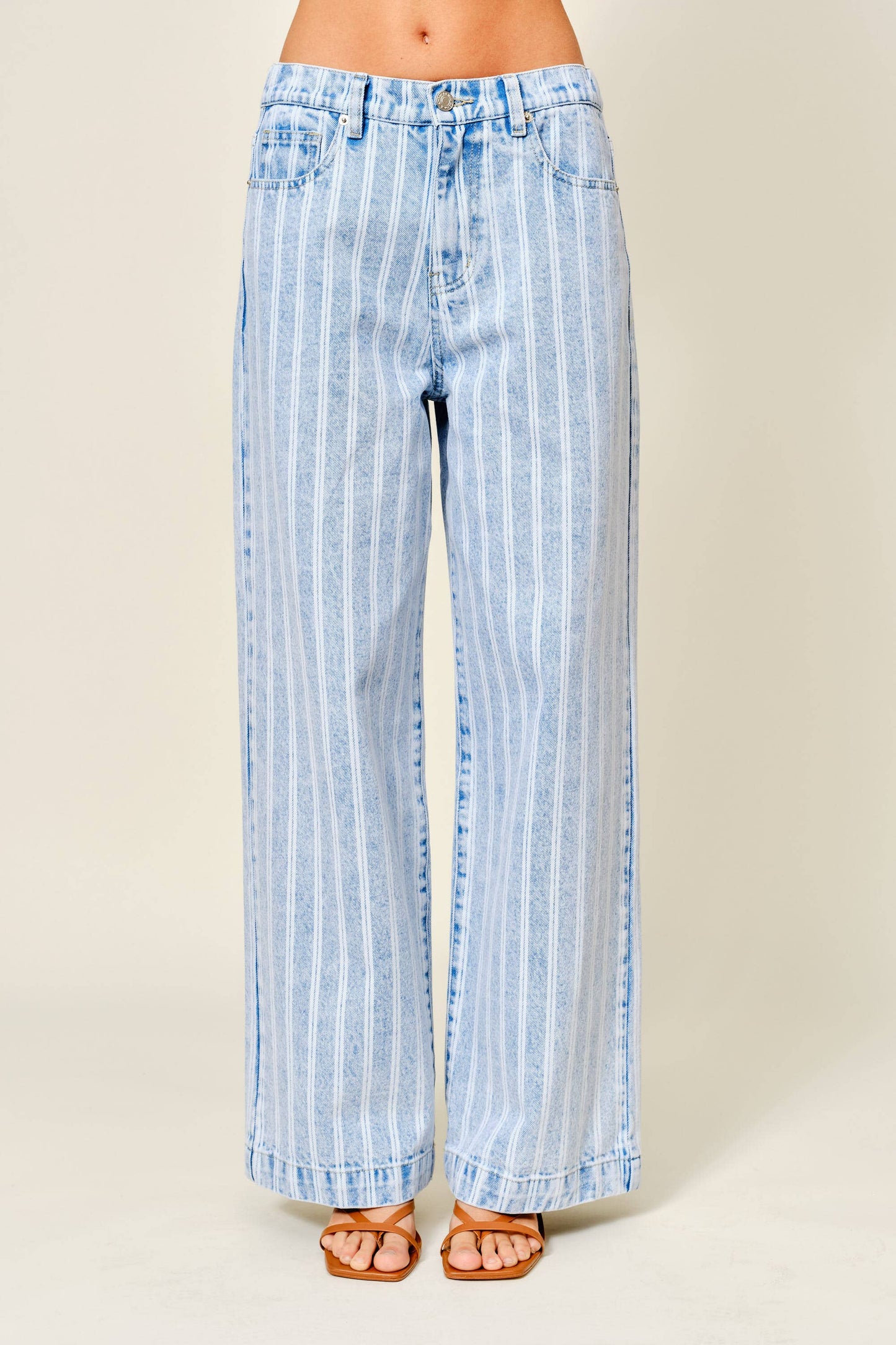 Aaron & Amber - AJP5866 STRIPED DENIM STRAIGHT PANTS: LT DENIM / S