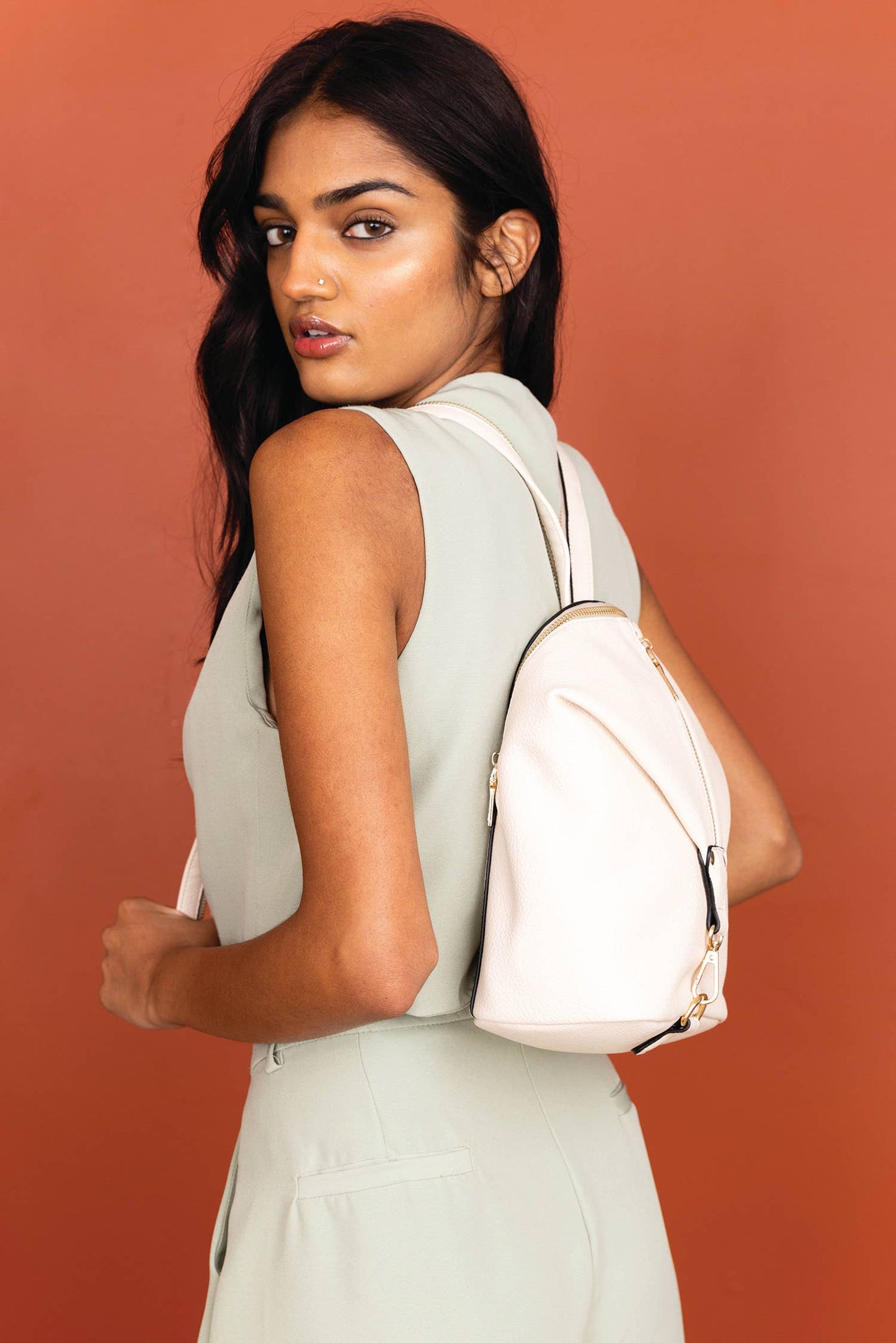 Linnette Foldover Clasp Backpack w/ Zip Compartment: White