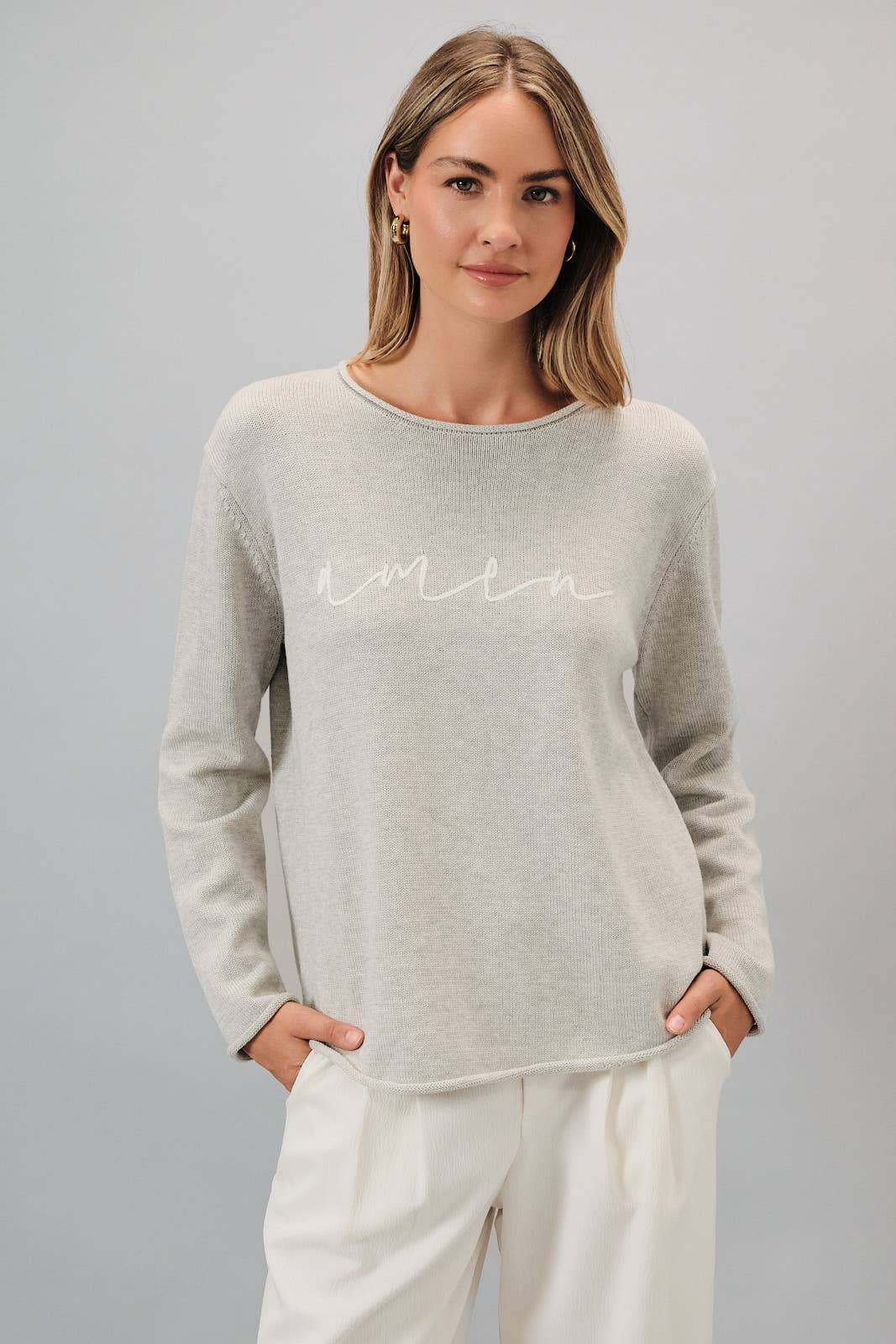 Sunday Edition by LE LIS - ROUND NECK LONG SLEEVE "AMEN" LT WEIGHT SWEATER: H GREY / L