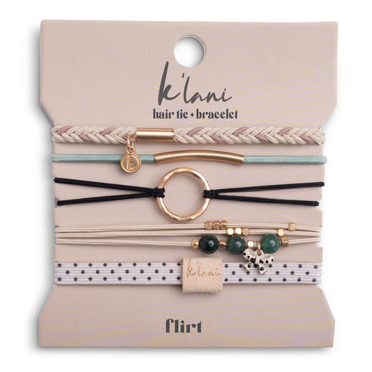 K'lani hair tie bracelets - "Flirt" Polka Dot in Cream & Black with Green Accent Hair Tie Bracelets: Large