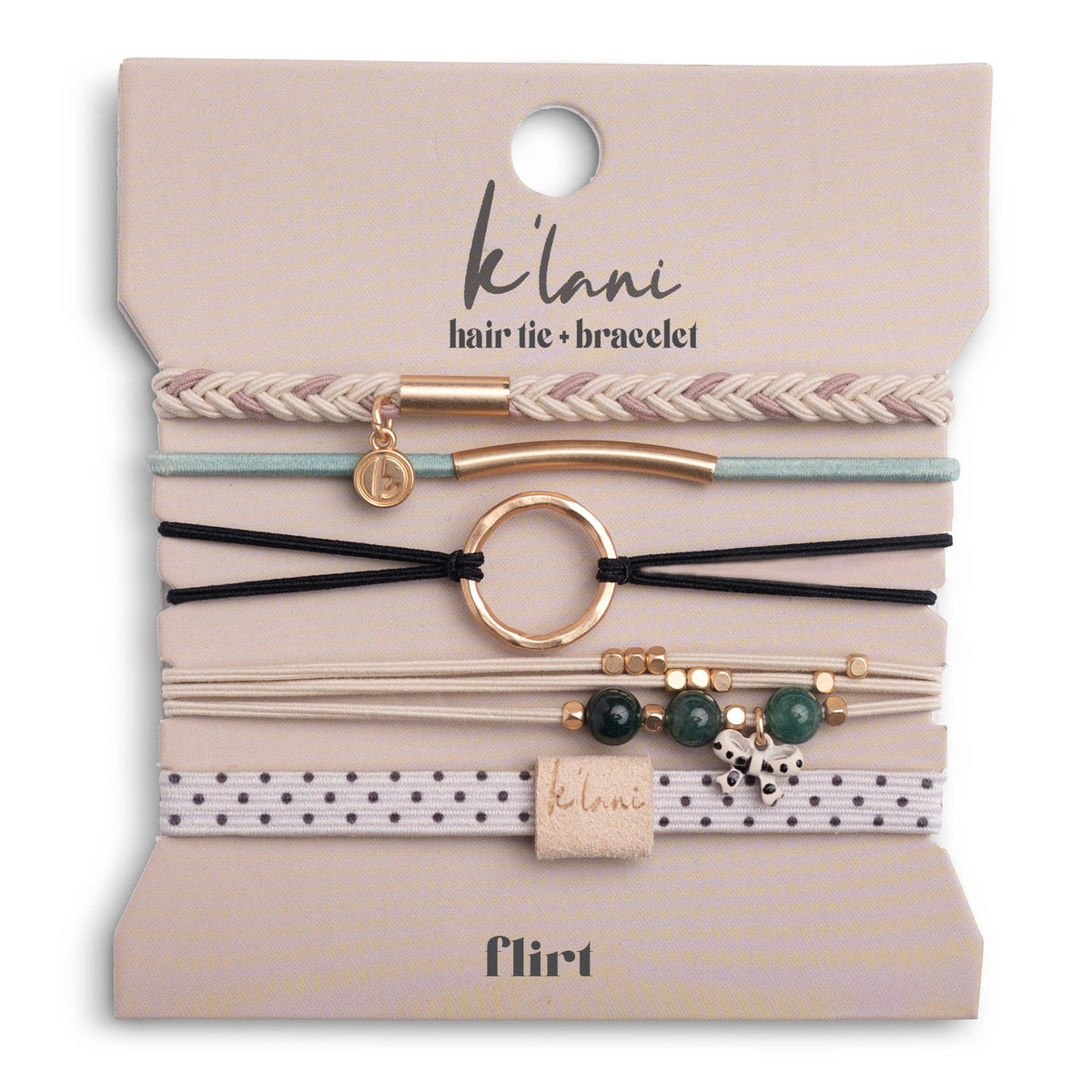 K'lani hair tie bracelets - "Flirt" Polka Dot in Cream & Black with Green Accent Hair Tie Bracelets: Medium