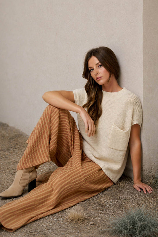 POCKET DETAIL DROP SHOULDER SHORT SLEEVE SWEATER: OATMEAL
